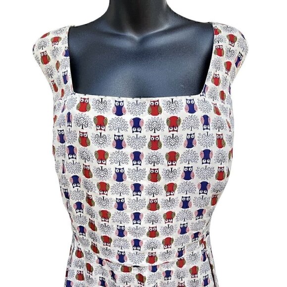 Owl Print Sleeveless Fit & Flare Midi Dress Back Tie Yellow Star Women’s 1X Plus - Picture 4 of 13